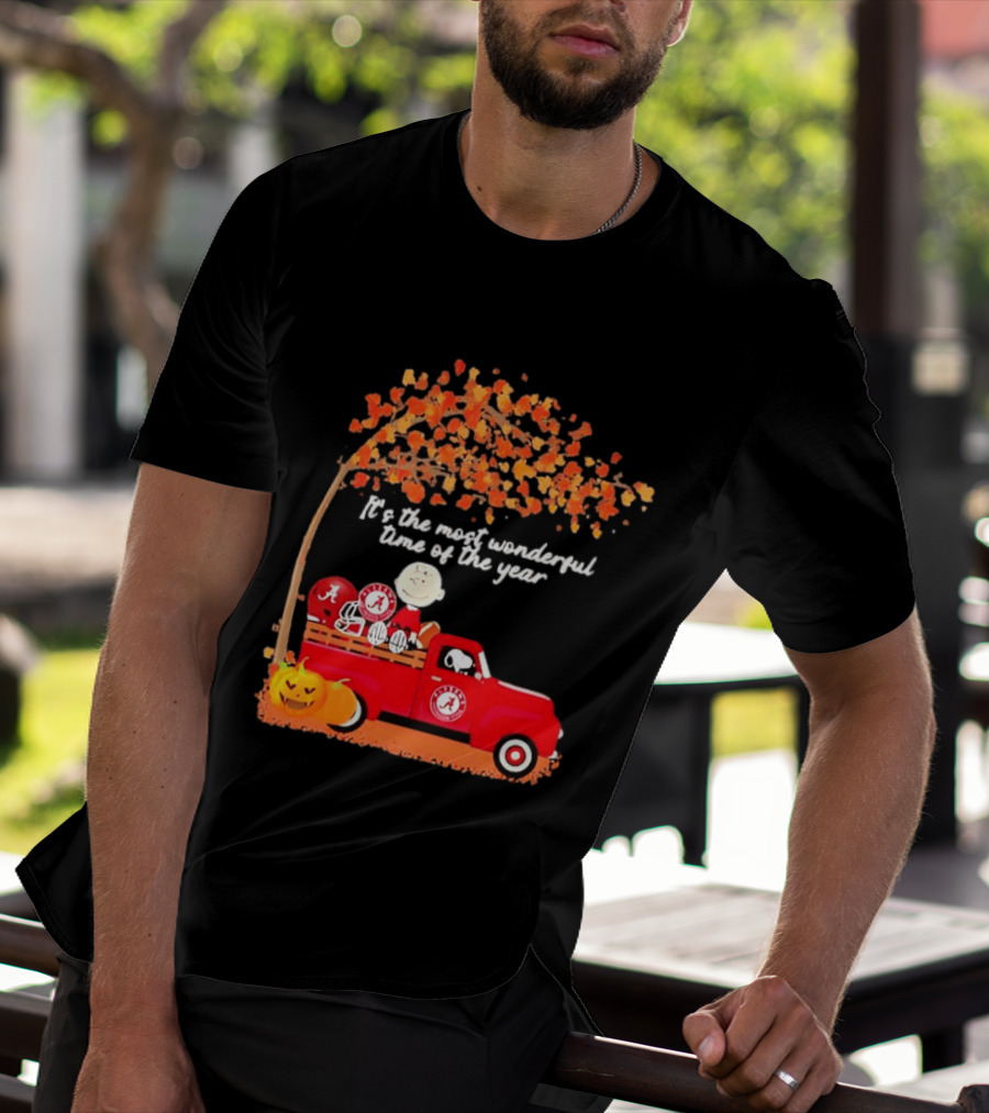 Peanuts Characters Alabama Crimson Tide Pickup Truck Fall Scene T-Shirt