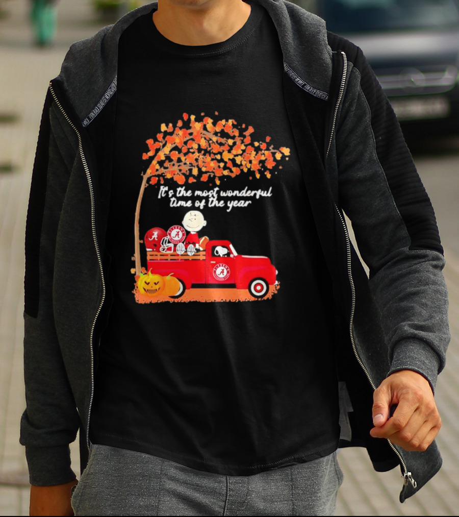 Peanuts Characters Alabama Crimson Tide Pickup Truck Fall Scene T-Shirt