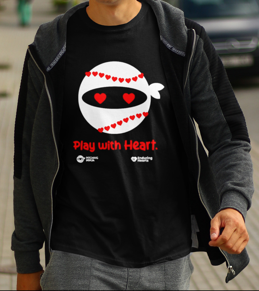 Pitching Ninja Play With Heart Red Love Hearts Baseball T-Shirt