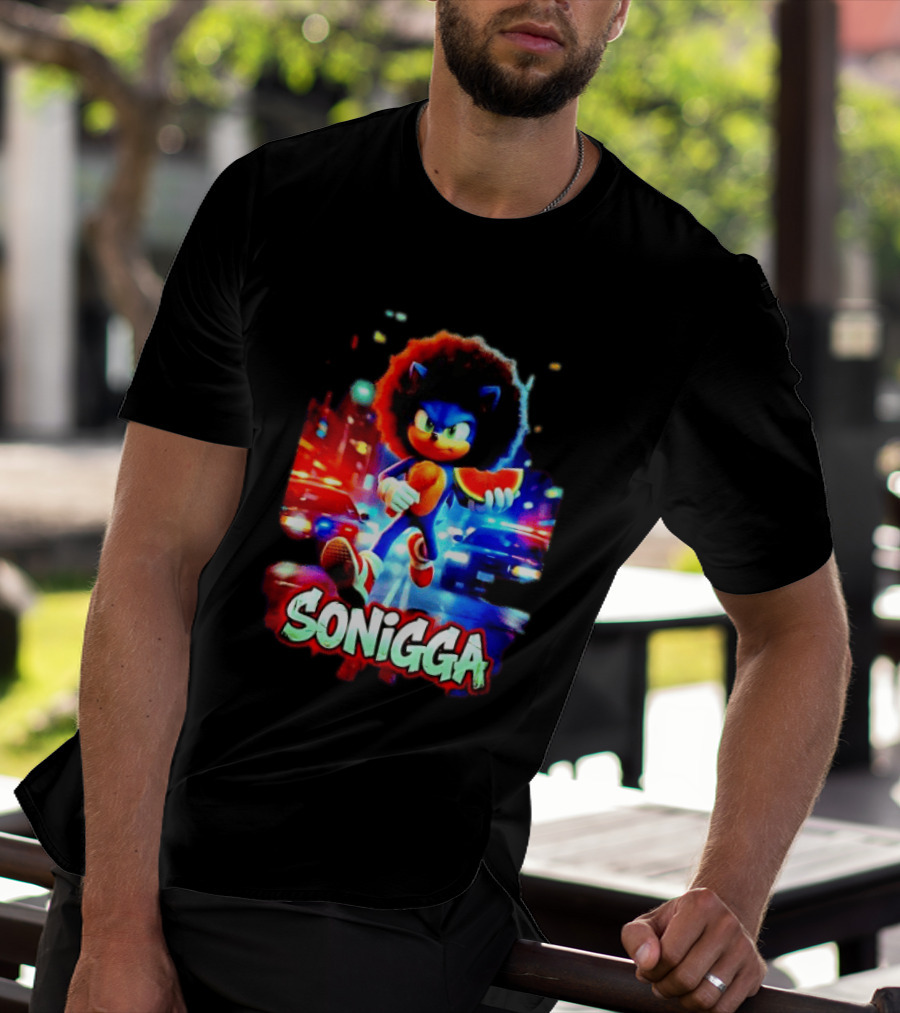 SONIGGA Sonic The Hedgehog Holding Watermelon Afro T-Shirt
