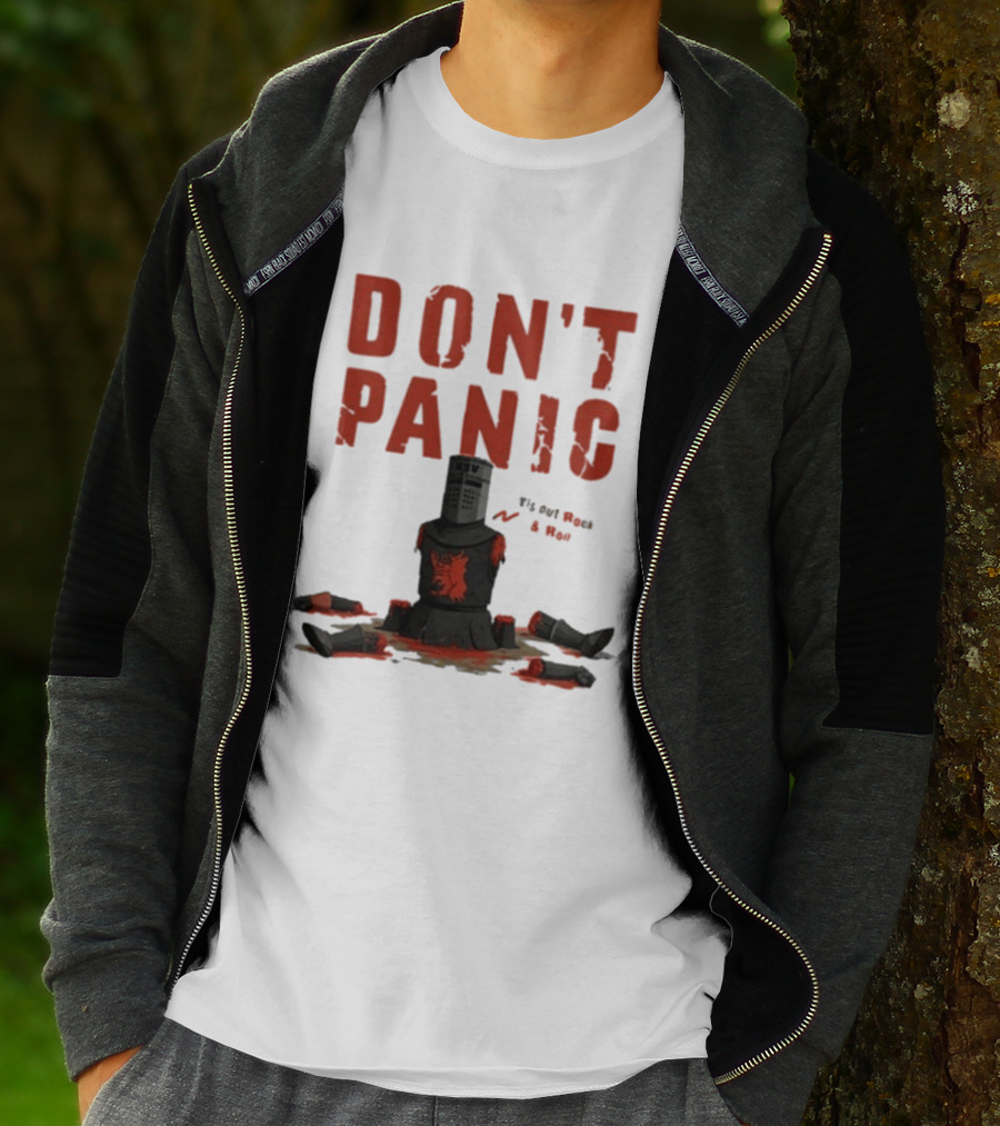 Don't Panic Monty Python Black Knight Sitting In Limbs T-Shirt