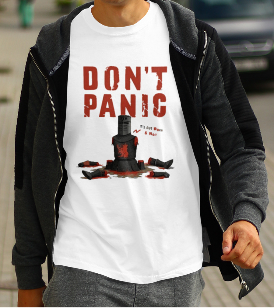 Don't Panic Monty Python Black Knight Sitting In Limbs T-Shirt