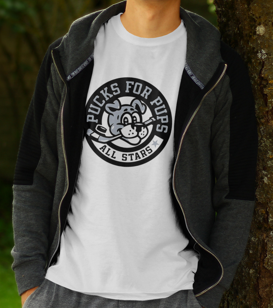 Pucks For Pups All Stars Hockey Dog With Hockey Stick T-Shirt