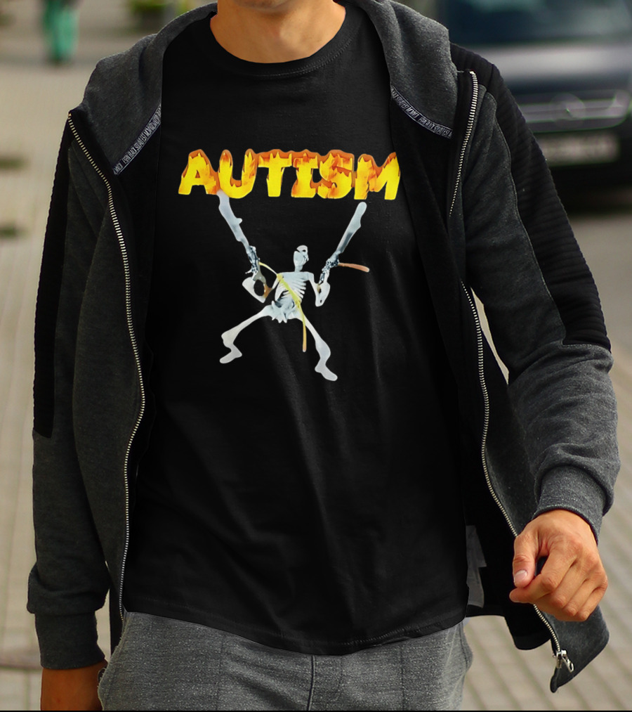 Autism Skeleton With Swords And Fire Letters T-Shirt