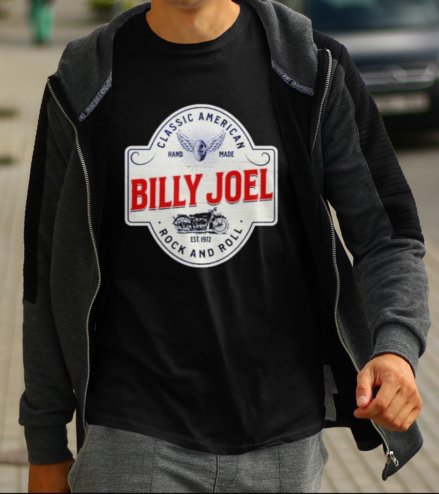 Billy Joel Classic American Hand Made Rock And Roll Est 1972 Motorcycle T-Shirt