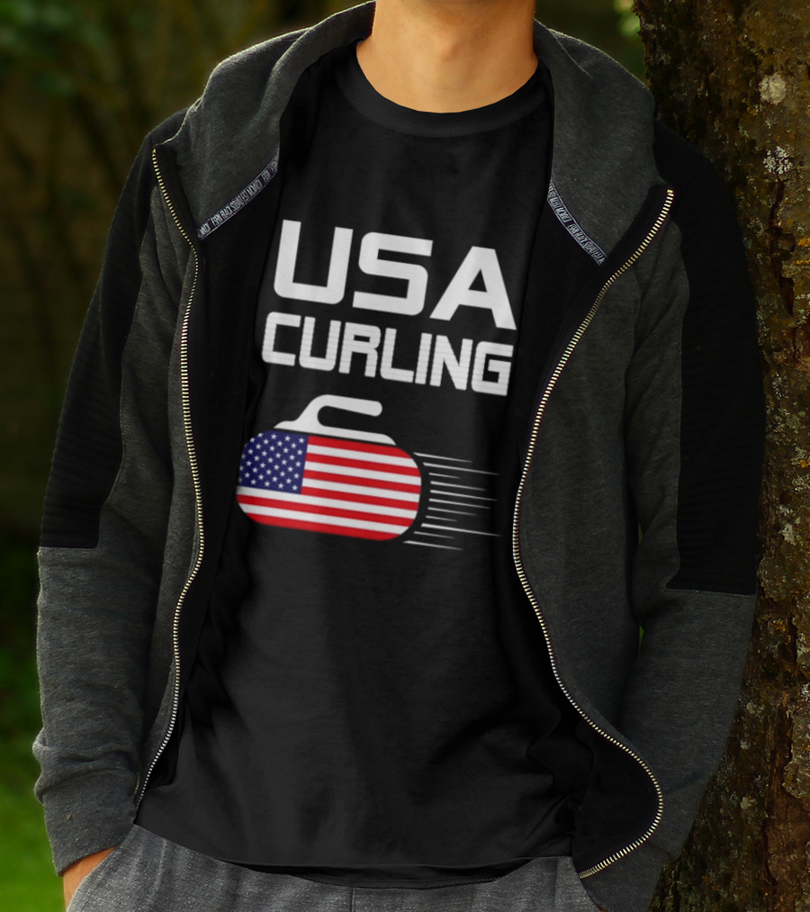 USA Curling American Flag Stone T-Shirt