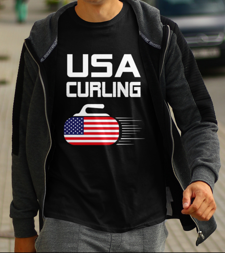 USA Curling American Flag Stone T-Shirt