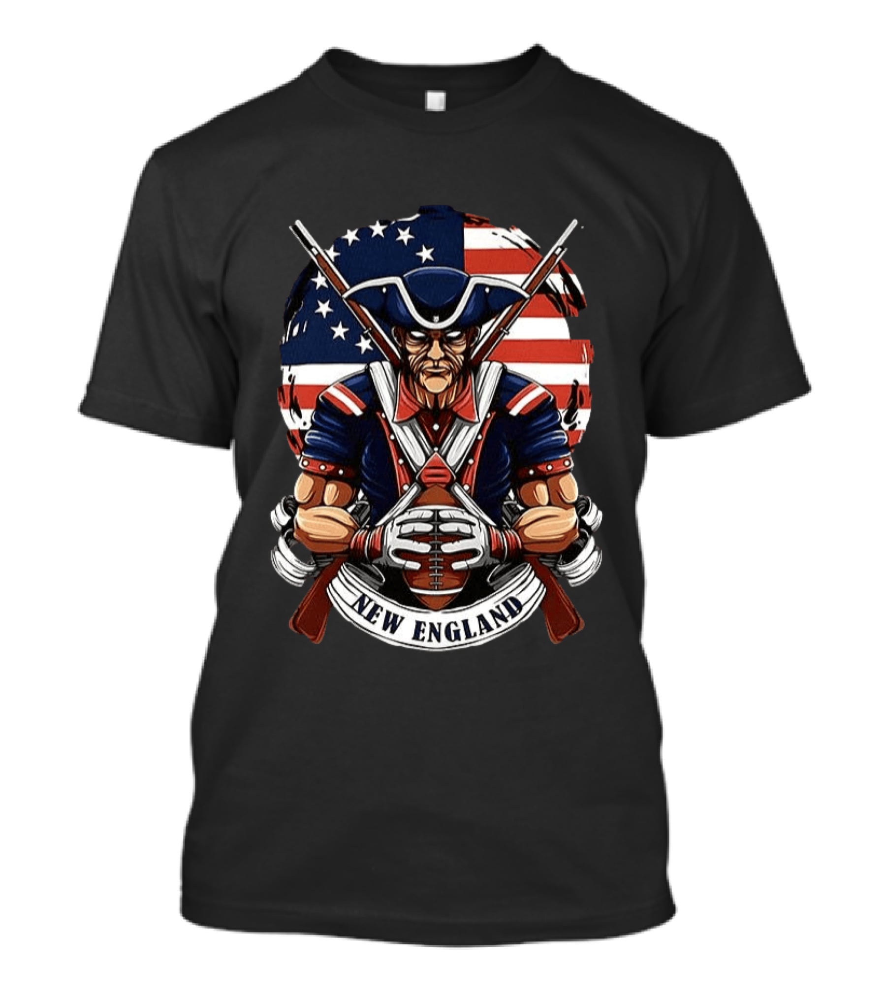 New England Patriots Revolutionary Soldier American Flag Football T-Shirt