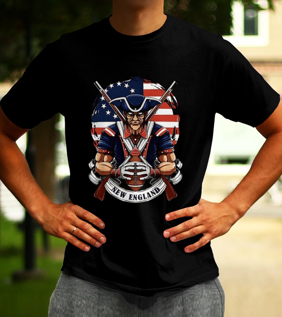 New England Patriots Revolutionary Soldier American Flag Football T-Shirt