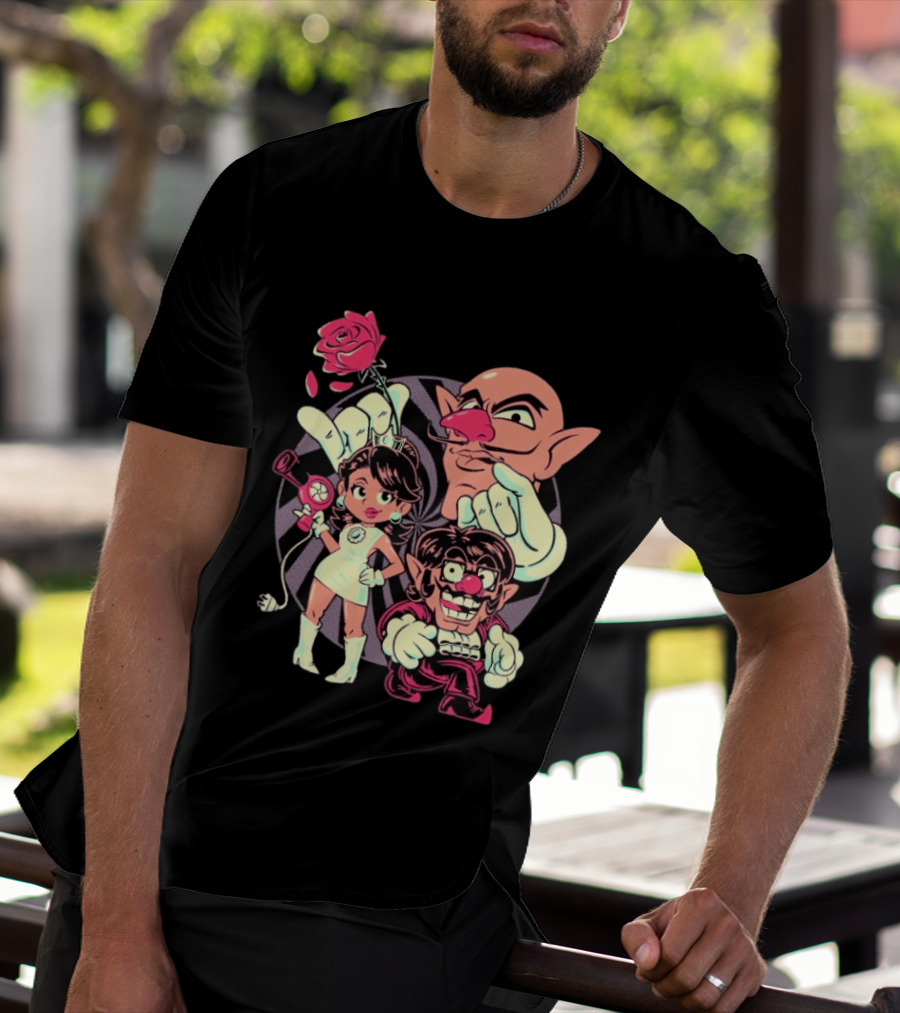 Henrique Torres Oh Be Wah Ve Vintage Cartoon Style Characters And Rose With Electric Plug T-Shirt