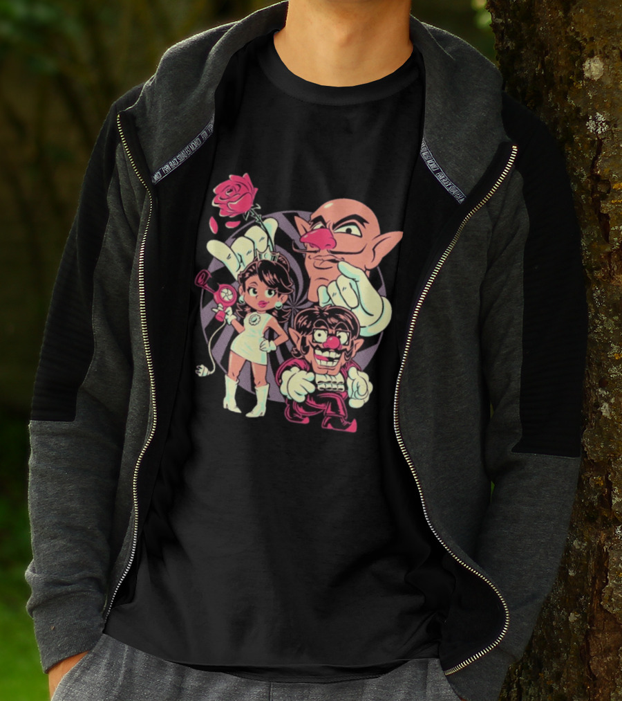 Henrique Torres Oh Be Wah Ve Vintage Cartoon Style Characters And Rose With Electric Plug T-Shirt