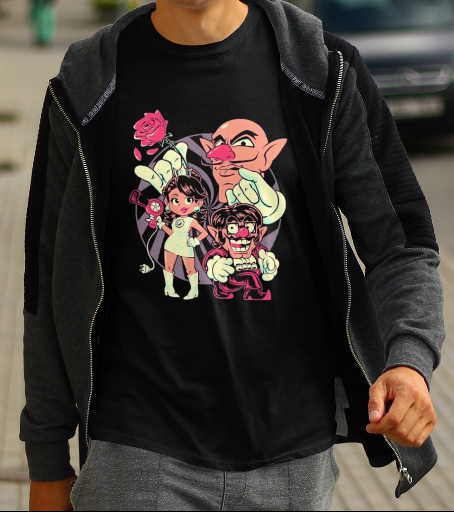 Henrique Torres Oh Be Wah Ve Vintage Cartoon Style Characters And Rose With Electric Plug T-Shirt