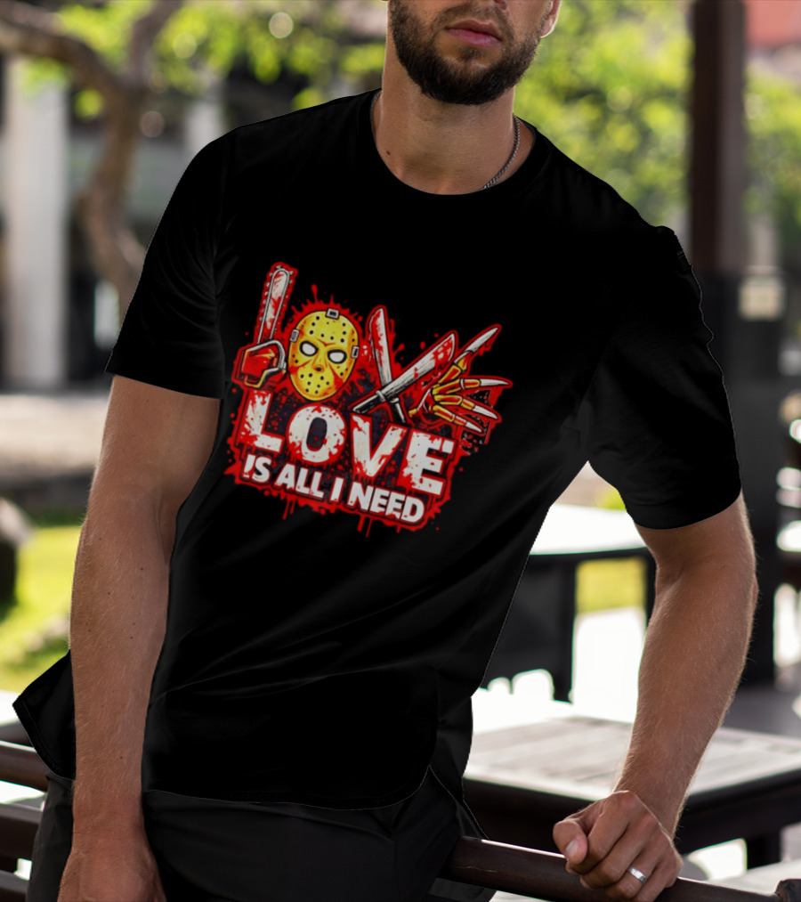 Horror Love Is All I Need Valentine Halloween Mask Knife Claw T-Shirt