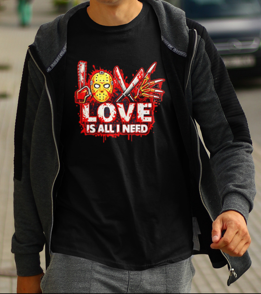 Horror Love Is All I Need Valentine Halloween Mask Knife Claw T-Shirt