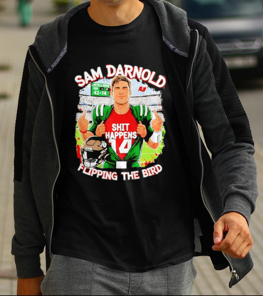 Sam Darnold Shit Happens 14 Flipping The Bird Stadium 42 14 T-Shirt