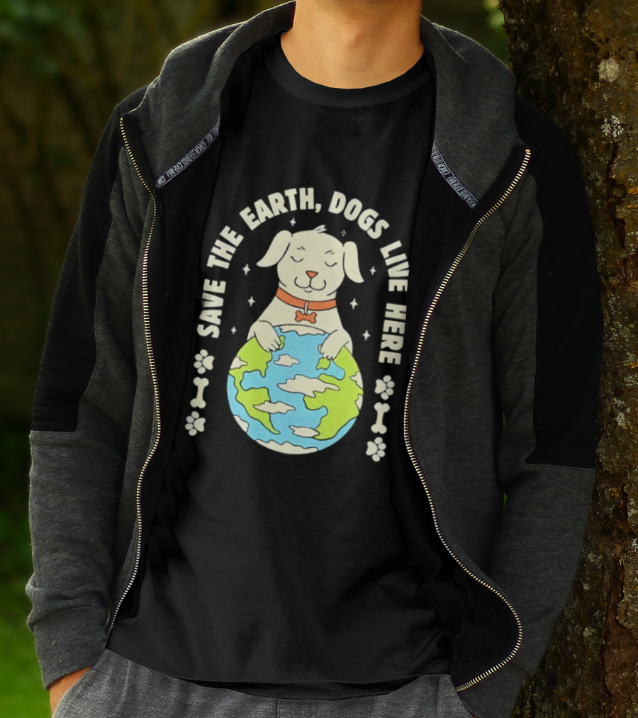 Save The Earth Dogs Live Here Puppy Hugging Globe Eco Friendly Paw Prints T-Shirt