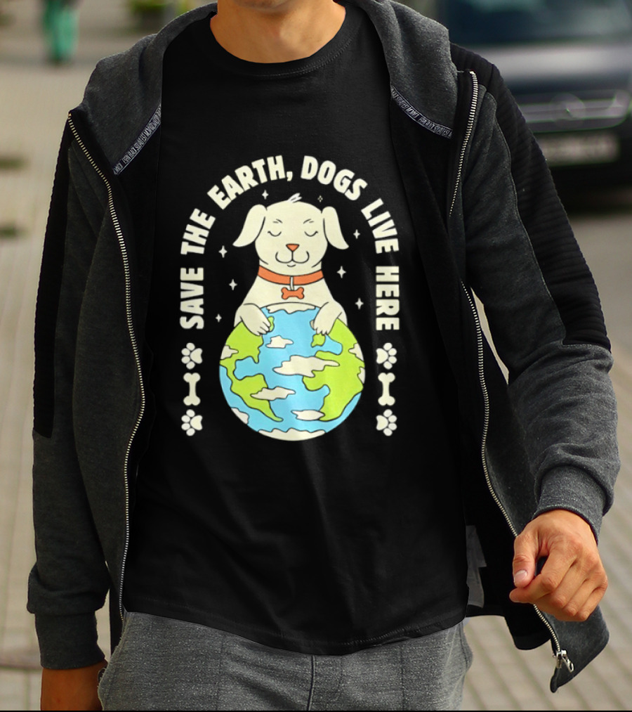 Save The Earth Dogs Live Here Puppy Hugging Globe Eco Friendly Paw Prints T-Shirt