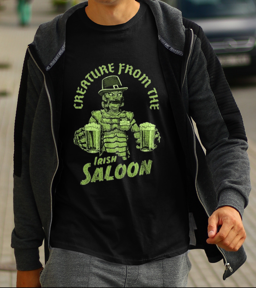 St Patrick's Day Creature From The Irish Saloon Beers Monster In Hat And Name Tag Holding Two Pints T-Shirt