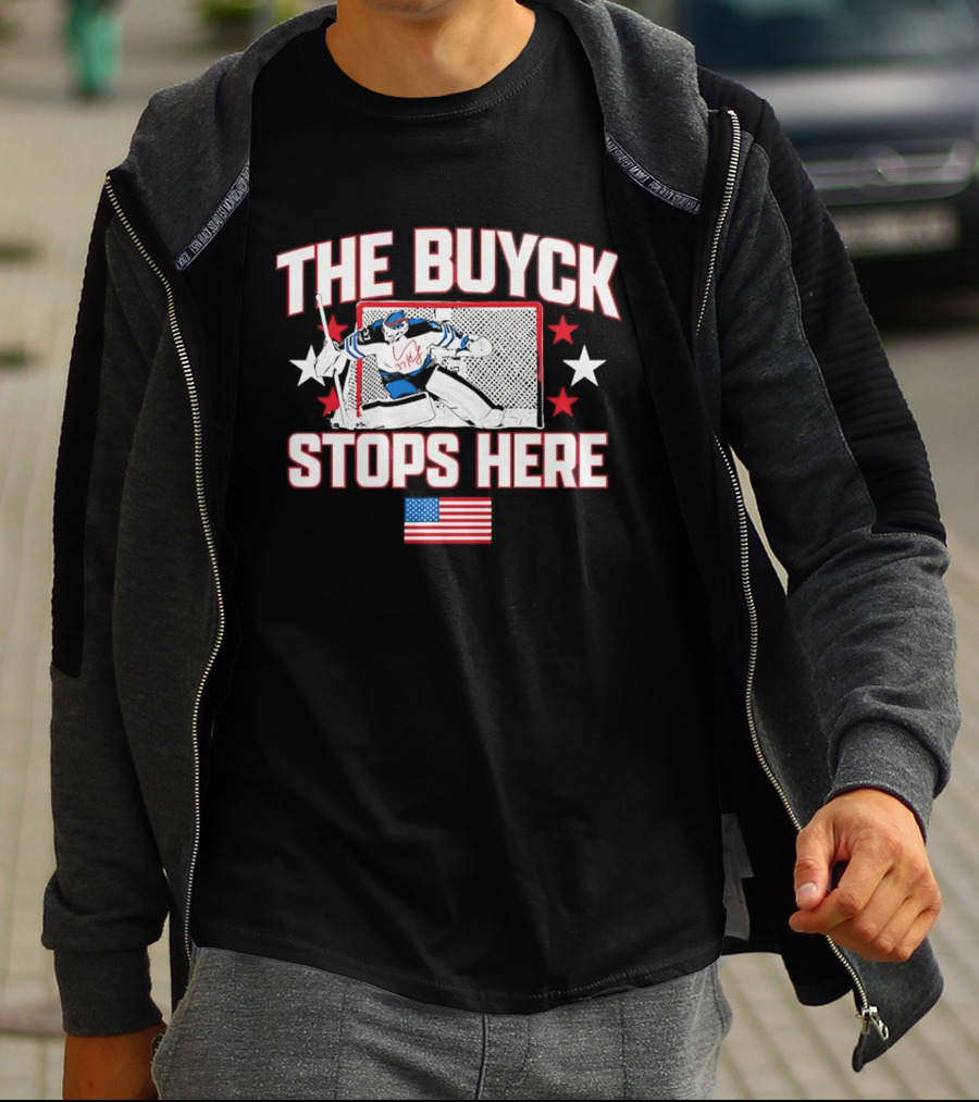 The Buyck Stops Here Winnipeg Jets Hockey Goalie USA Flag Stars T-Shirt