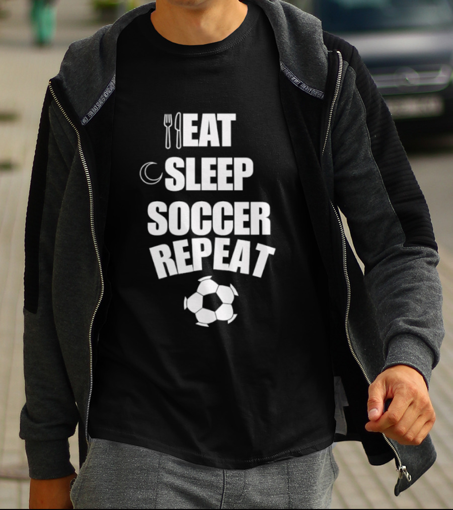 Eat Sleep Soccer Repeat Fork Knife Moon Soccer Ball T-Shirt