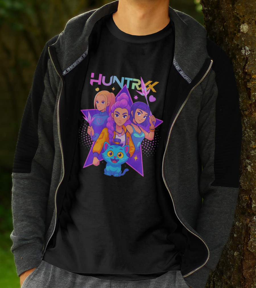 Huntrx Anime All Characters Vibrant Magical Trio And Blue Cat With Crystal Stars T-Shirt