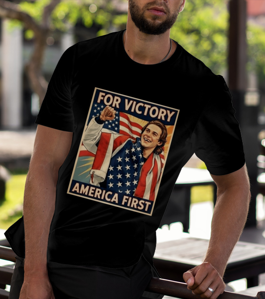 For Victory America First Patriotic Jack Hughes Victory Pose T-Shirt