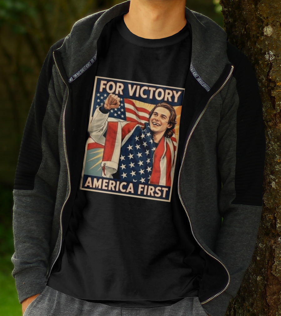 For Victory America First Patriotic Jack Hughes Victory Pose T-Shirt