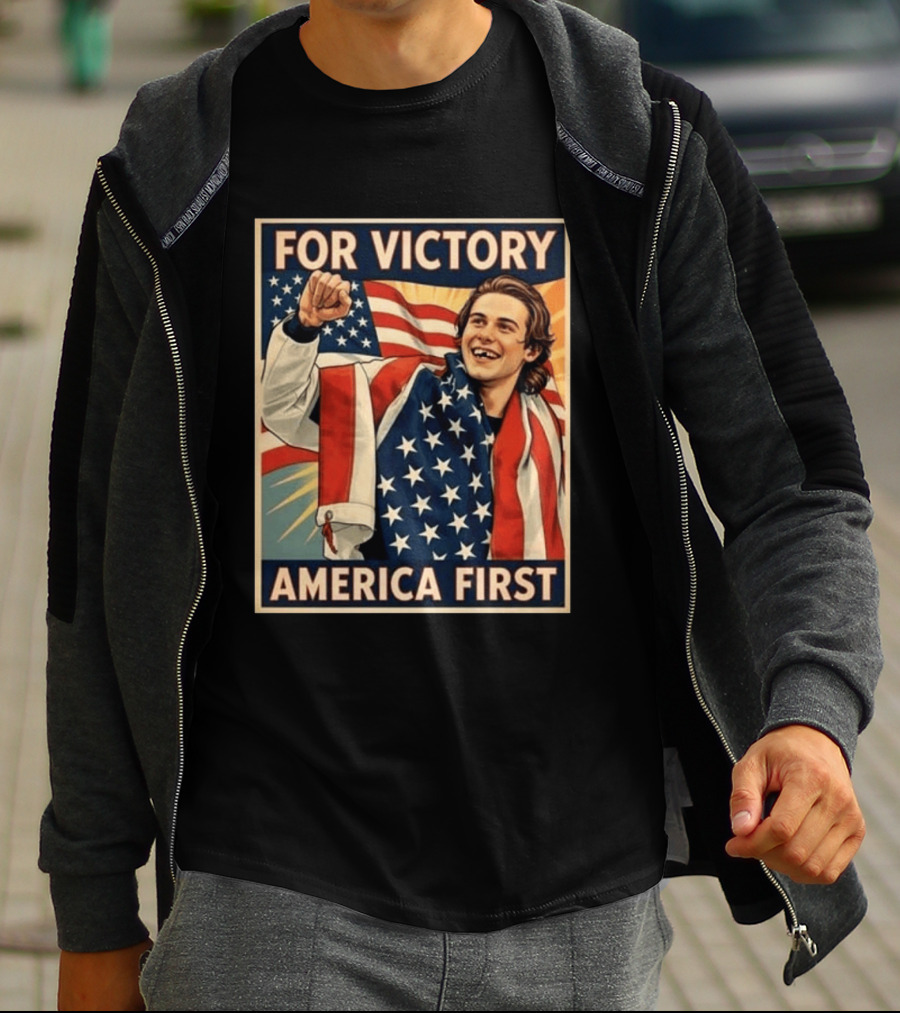 For Victory America First Patriotic Jack Hughes Victory Pose T-Shirt