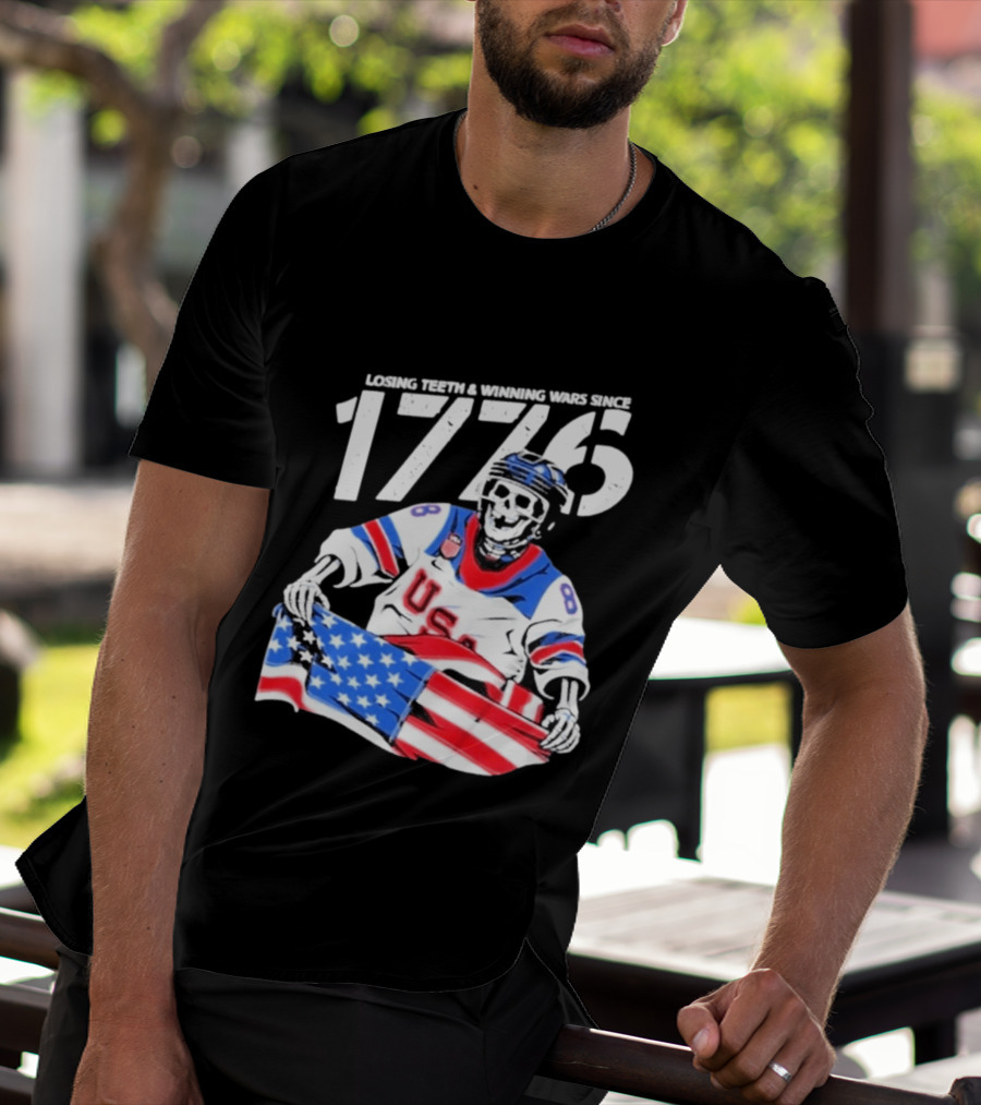 Losing Teeth Winning Wars Since 1776 USA Hockey Skeleton American Flag T-Shirt