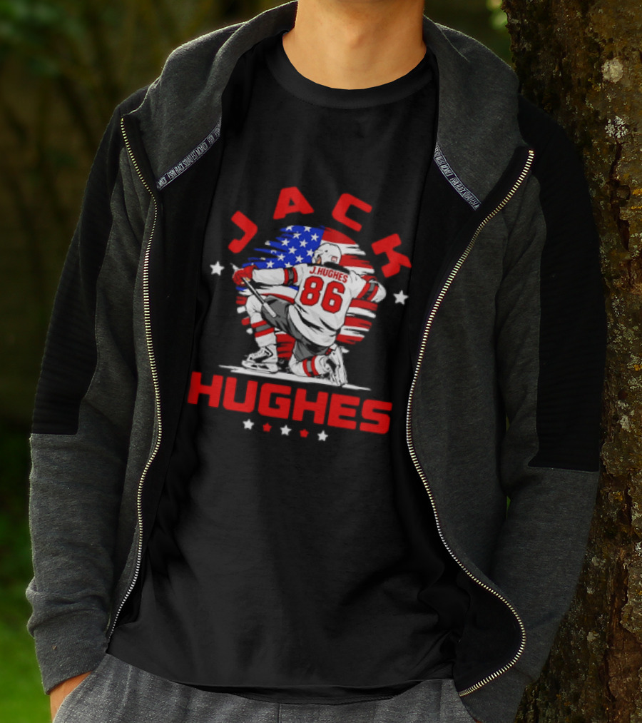 Jack Hughes 86 New Jersey Devils USA Flag Celebration T-Shirt