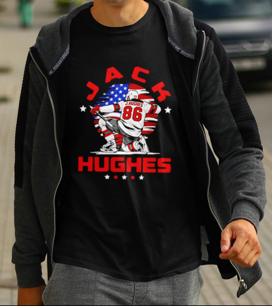Jack Hughes 86 New Jersey Devils USA Flag Celebration T-Shirt