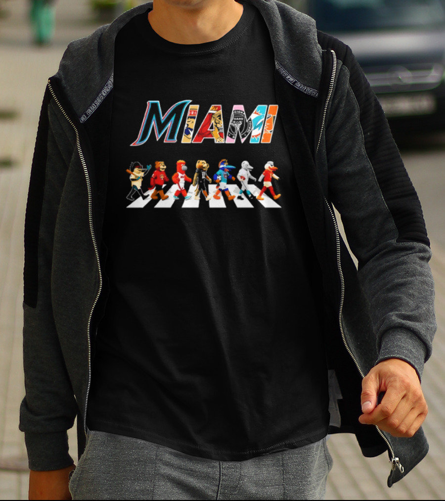 Miami Dolphins Heat Panthers Inter Miami CF Characters Walk Across Road T-Shirt