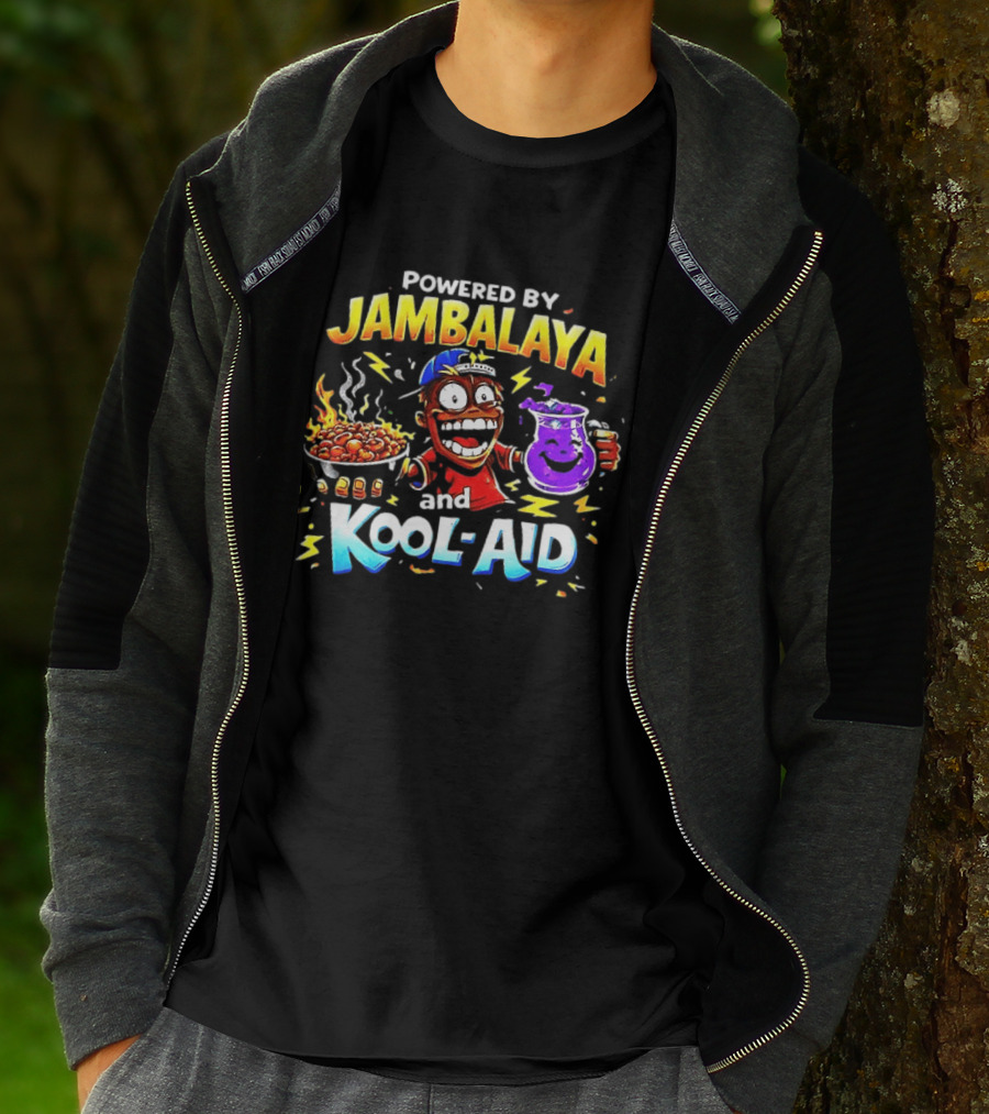 Powered By Jambalaya And Kool Aid Bold Colors Cartoon Character Fun T-Shirt