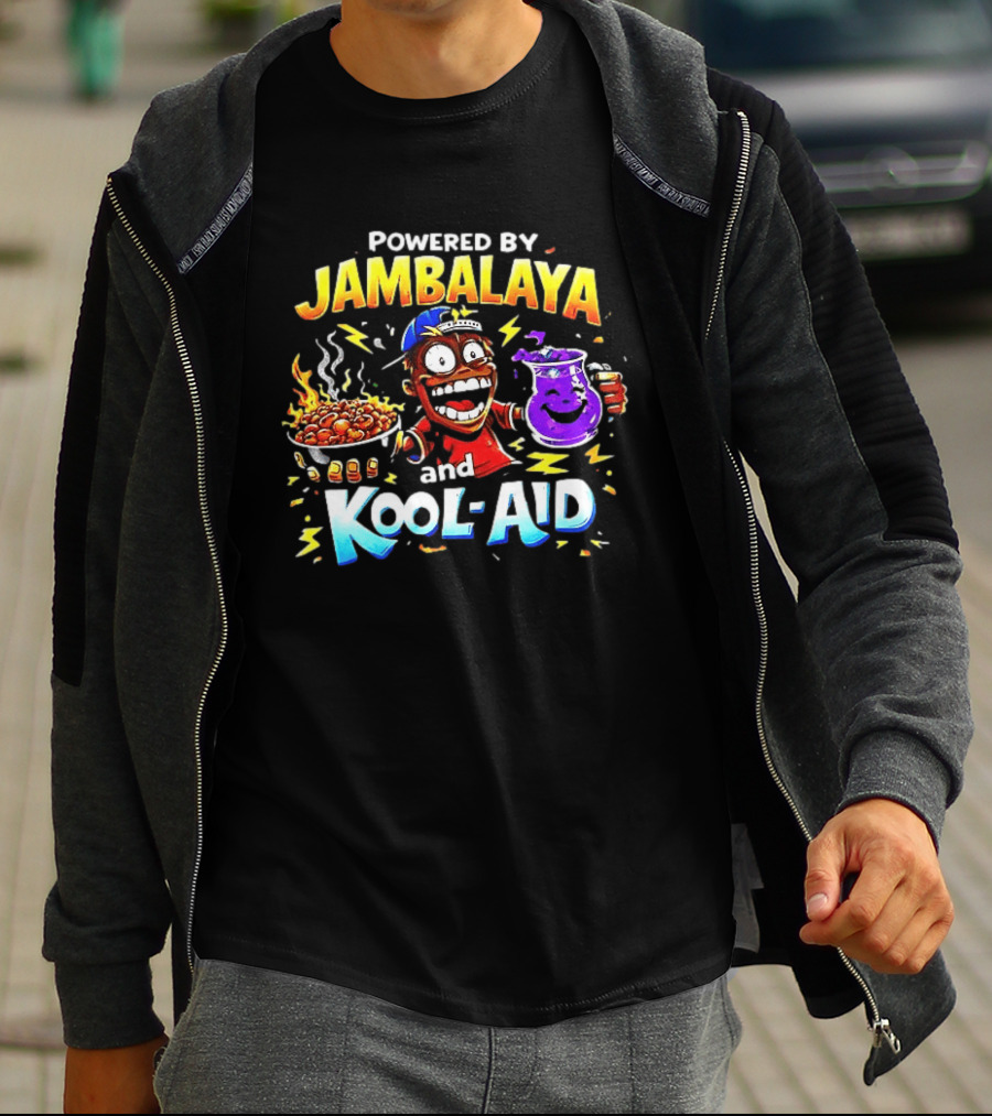 Powered By Jambalaya And Kool Aid Bold Colors Cartoon Character Fun T-Shirt