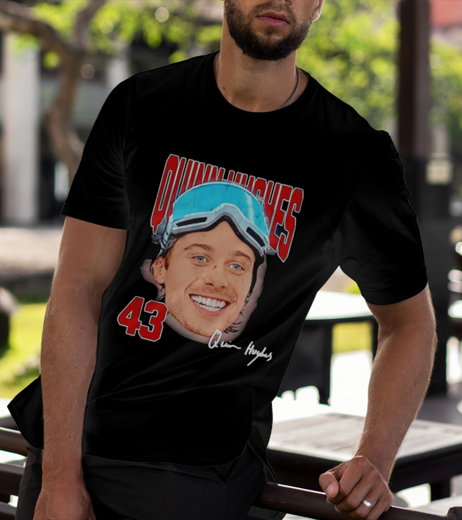Quinn Hughes Big Head Goggles 43 Signature T-Shirt