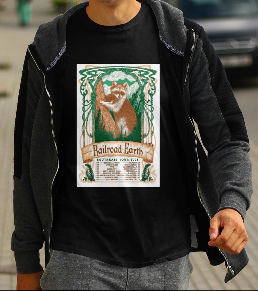 Railroad Earth Southeast Tour 2026 Dates And Locations With Raccoon Artistry T-Shirt