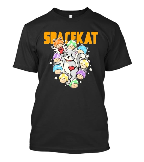 Spacekat Cat Surrounded By Colorful Mushroom Characters T-Shirt