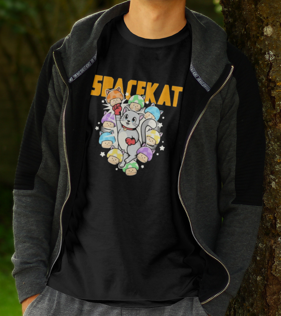 Spacekat Cat Surrounded By Colorful Mushroom Characters T-Shirt