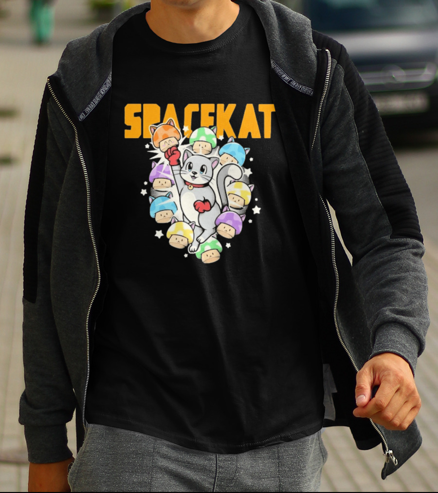 Spacekat Cat Surrounded By Colorful Mushroom Characters T-Shirt