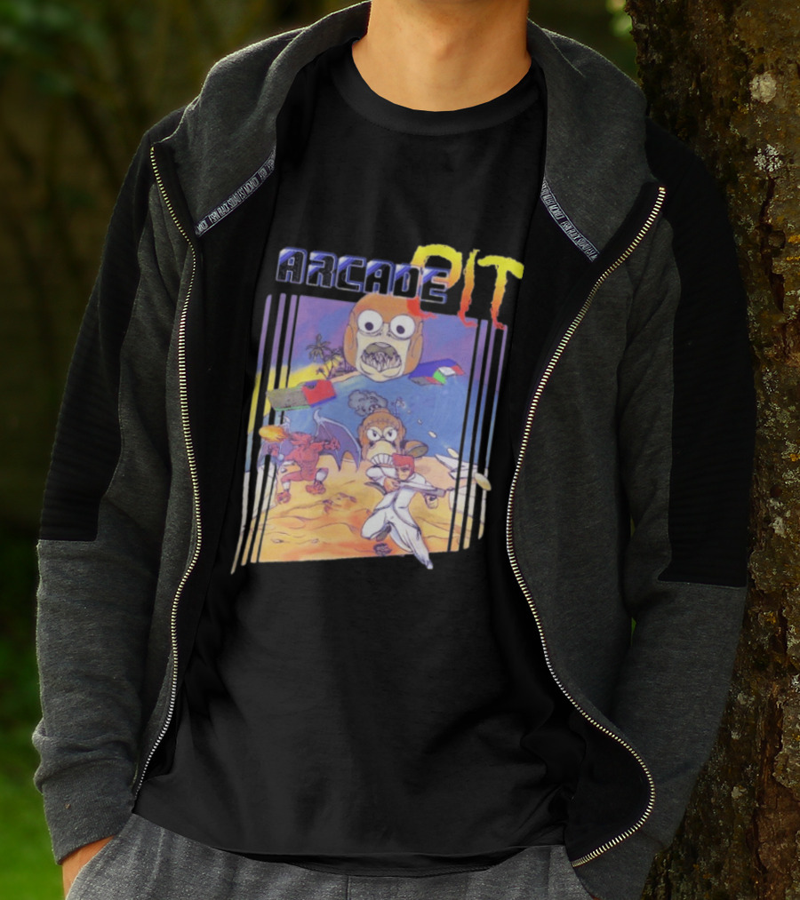 Arcade Pit Smight X Contra Characters And Cartoon Face Beach Scene T-Shirt