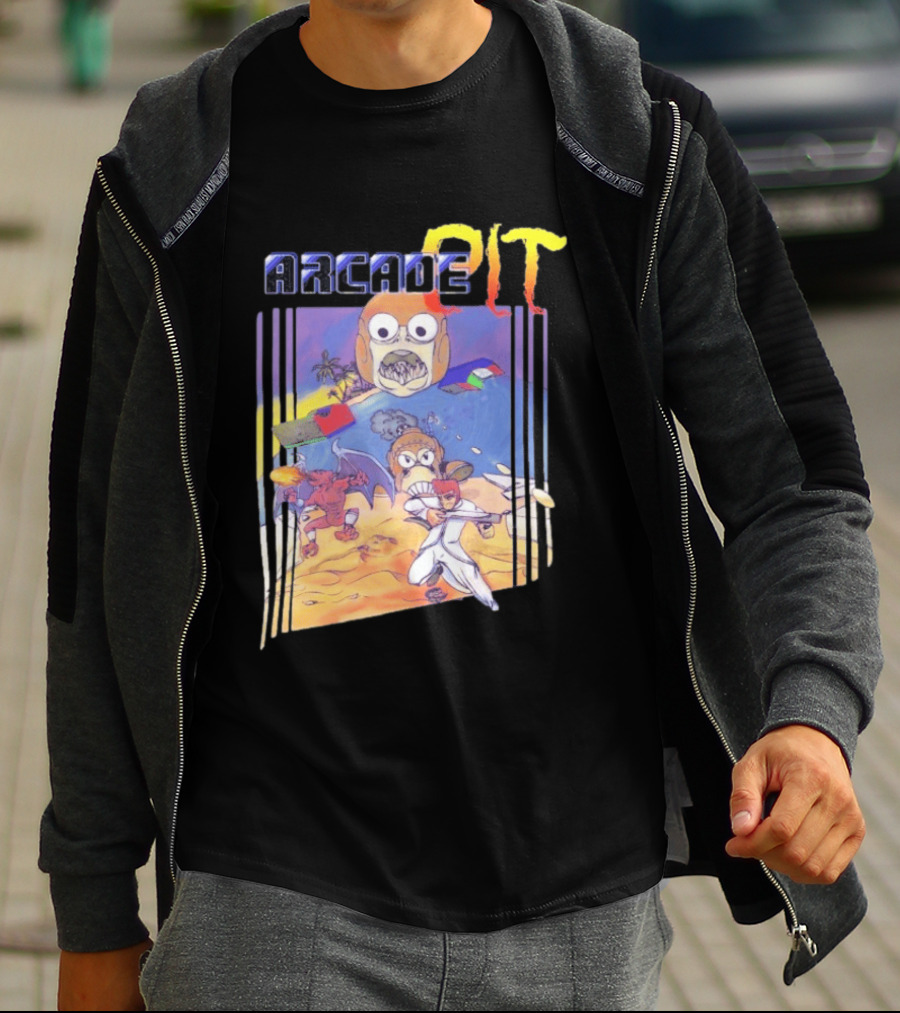 Arcade Pit Smight X Contra Characters And Cartoon Face Beach Scene T-Shirt