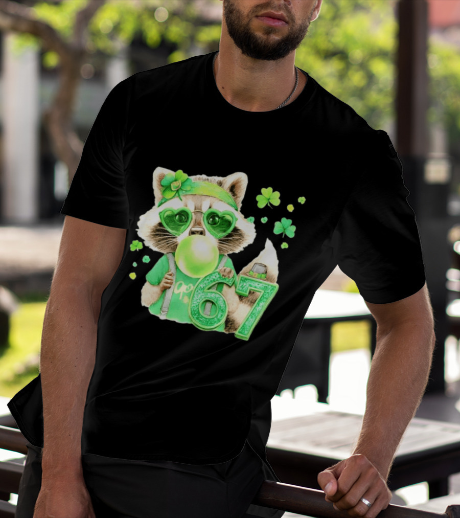 St Patrick's Day Raccoon With Shamrock Heart Glasses And 67 Bubblegum T-Shirt