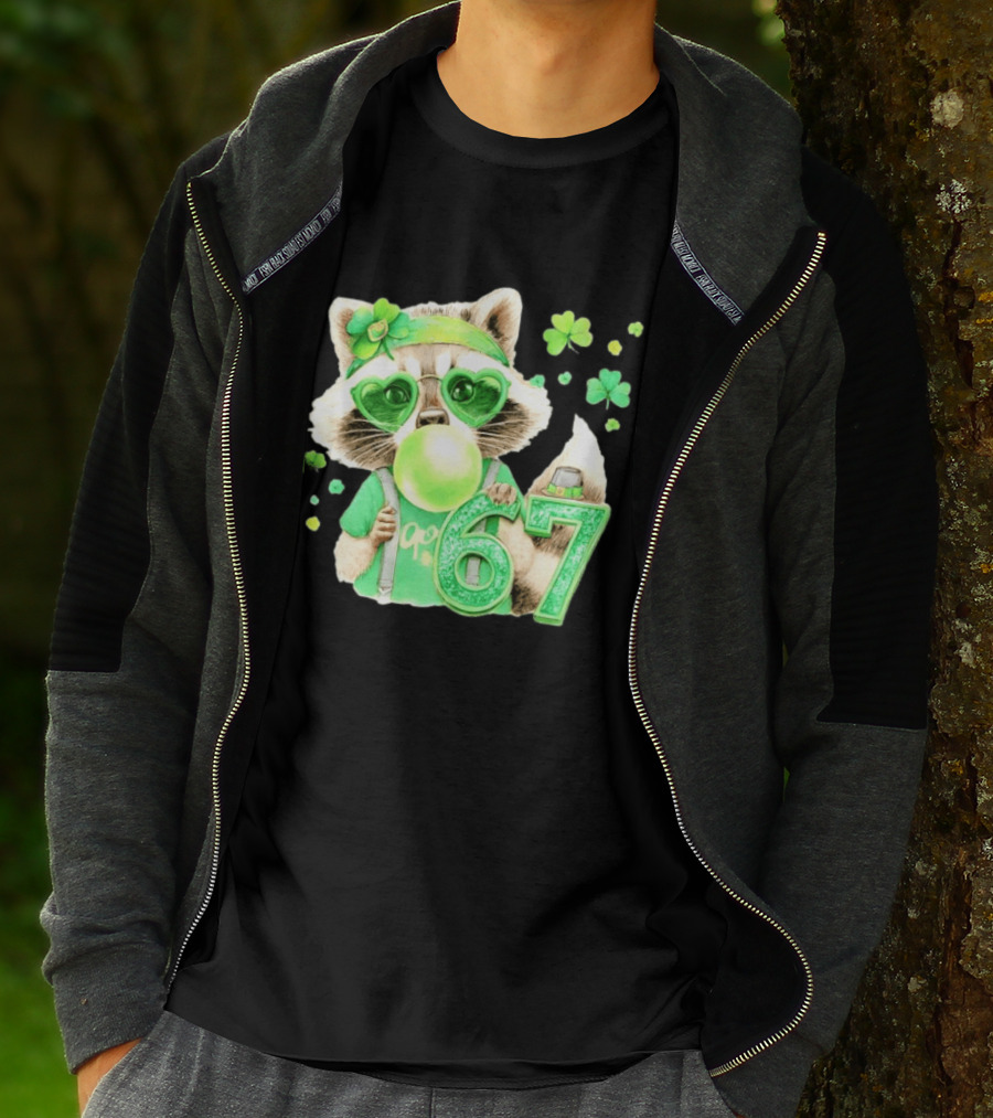 St Patrick's Day Raccoon With Shamrock Heart Glasses And 67 Bubblegum T-Shirt