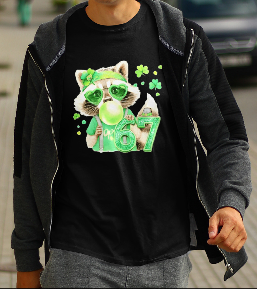 St Patrick's Day Raccoon With Shamrock Heart Glasses And 67 Bubblegum T-Shirt