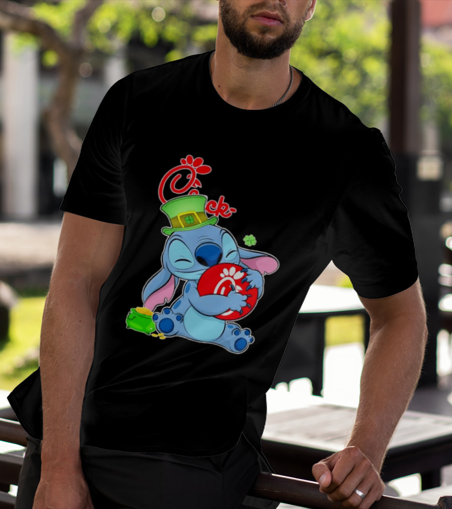 Stitch Holding Chick Fil A Logo With St. Patrick's Day Hat And Clover T-Shirt