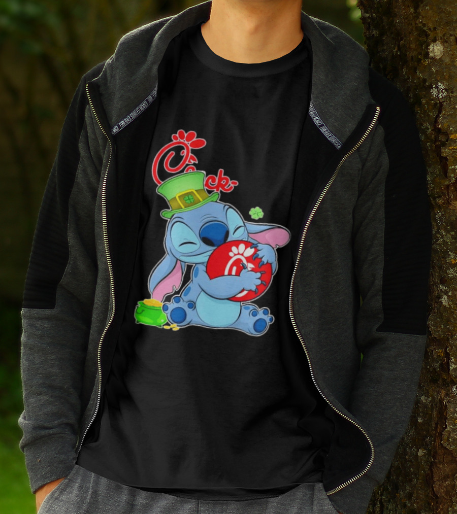 Stitch Holding Chick Fil A Logo With St. Patrick's Day Hat And Clover T-Shirt