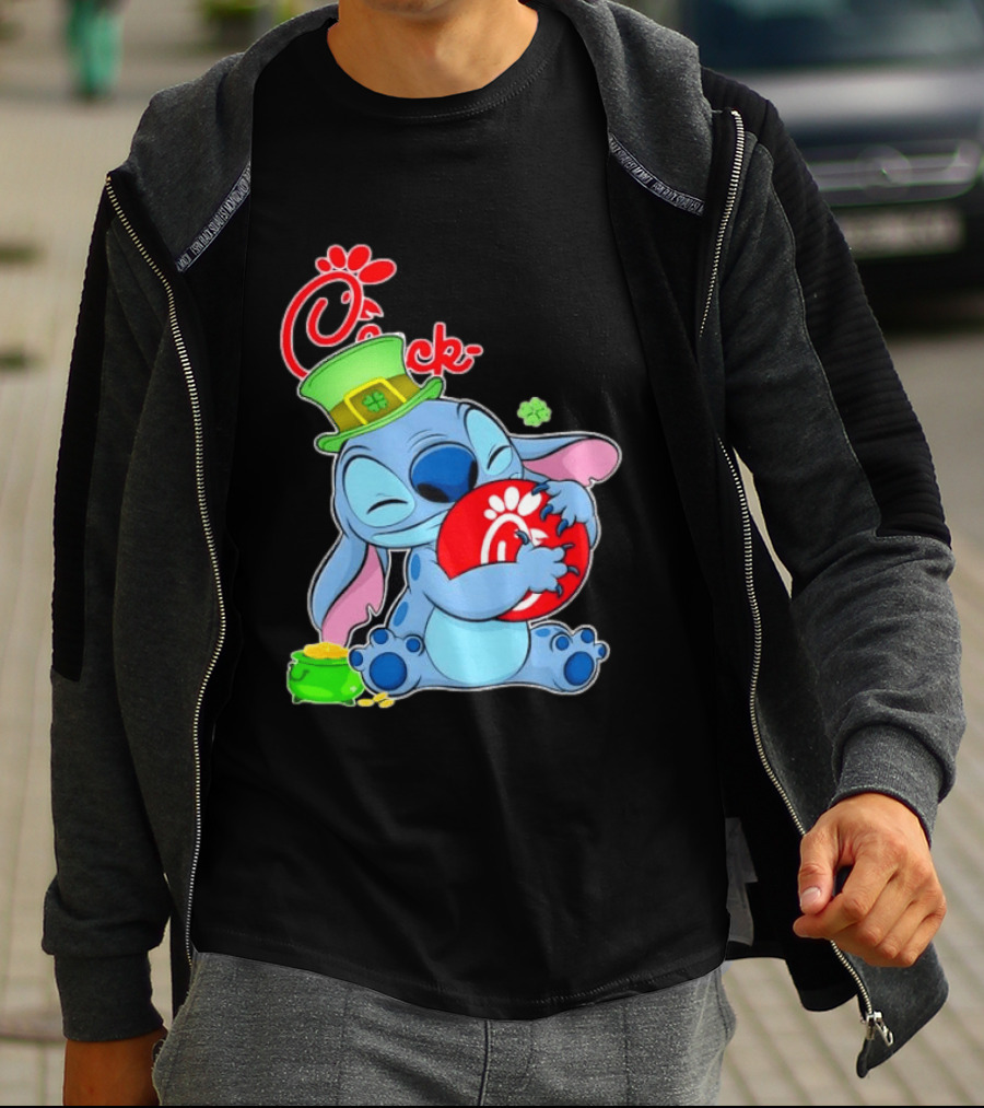 Stitch Holding Chick Fil A Logo With St. Patrick's Day Hat And Clover T-Shirt