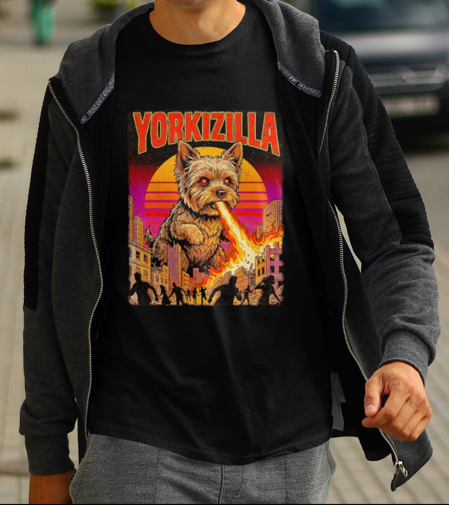 Yorkizilla Giant Yorkshire Terrier Monster Movie City Attack Scene T-Shirt