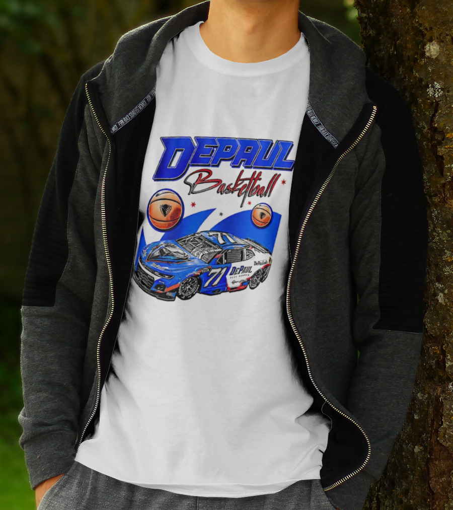 DePaul Basketball NASCAR Collaboration With Blue Race Car And Basketball T-Shirt