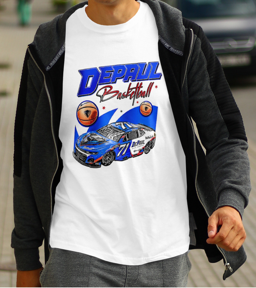 DePaul Basketball NASCAR Collaboration With Blue Race Car And Basketball T-Shirt